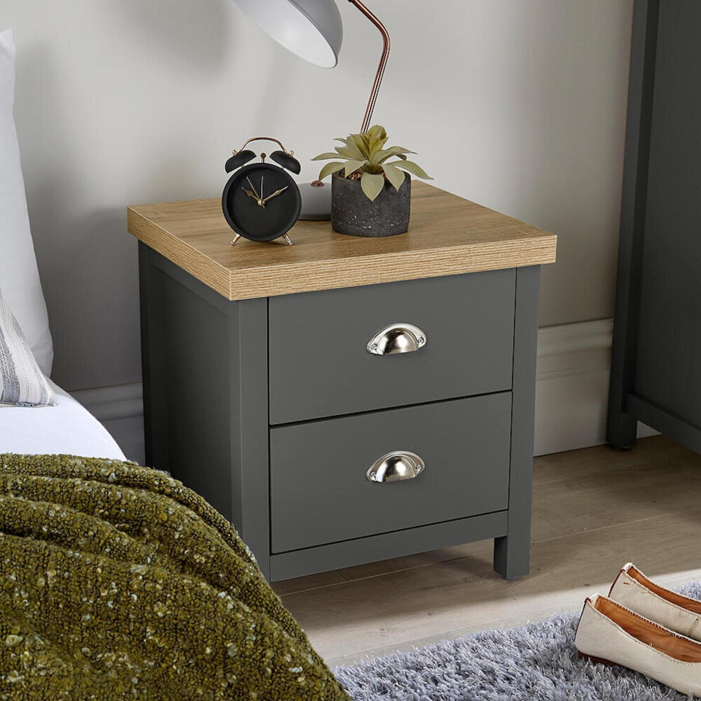 Bedside Cabinet 2 Drawer Dark Grey Oak Lamp Side Table Night Stand