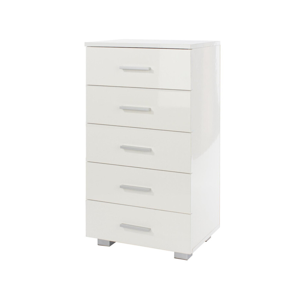 Chest of Drawers Tallboy Cabinet High Gloss Finish White 5 Drawers Storage