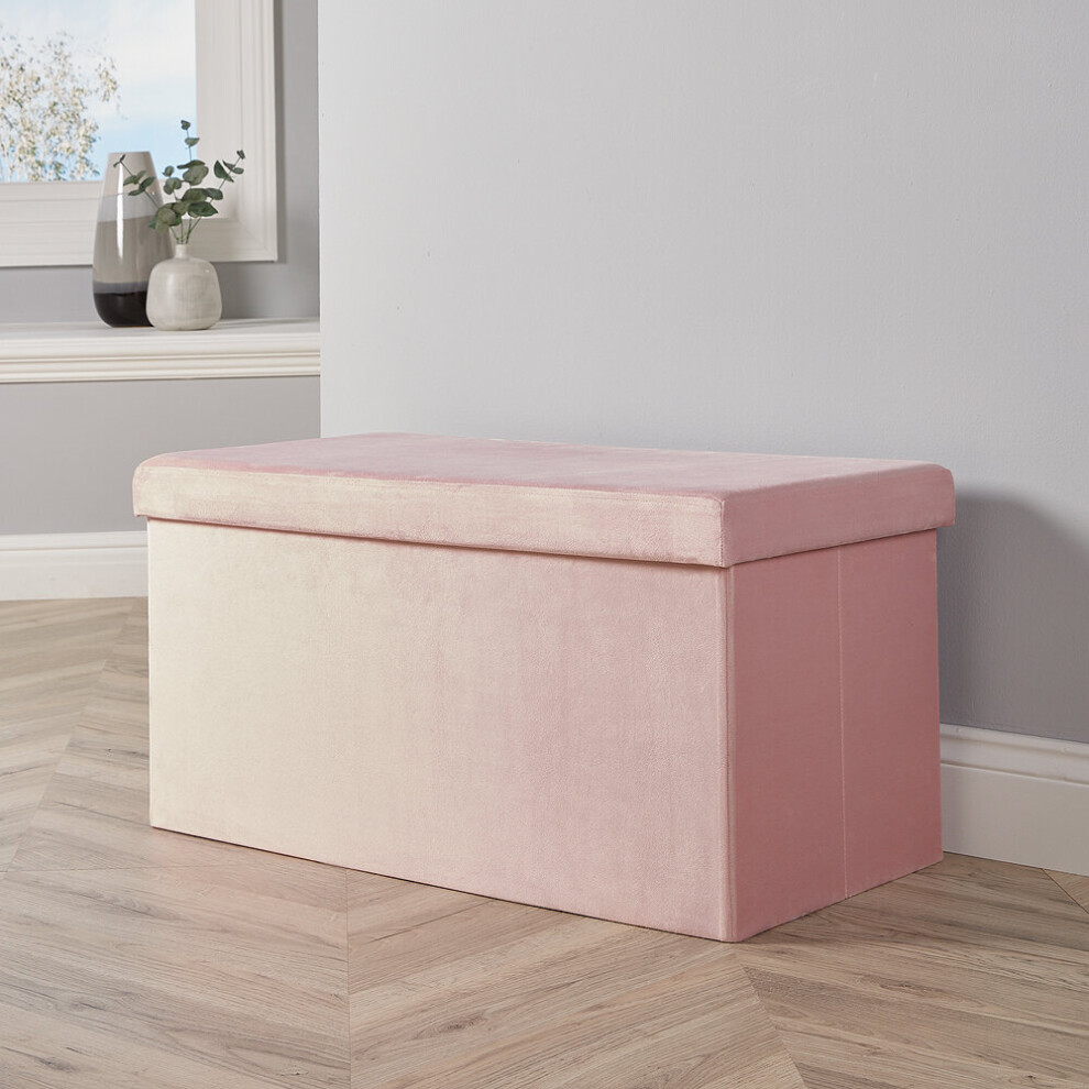 Large Folding Ottoman Pink Blush Velvet Fabric Solid Storage Space Saving