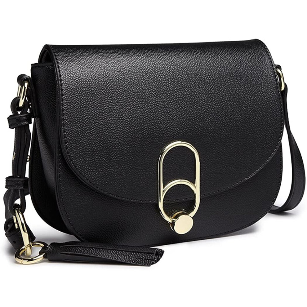 Miss Lulu Handbags Women Fashion Tassel Decoration Zipper Flap Small Shoulder Cross-Body Saddle Bag with Lock Closure