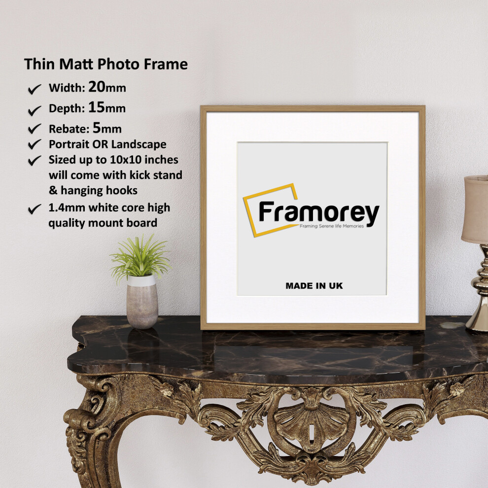 (Oak With White Mount, 18x18" Pic (22x22" Frame)) Square Size Thin Matt Oak Picture Frame Wall Art Frames Flat Wooden Effect Poster Frame