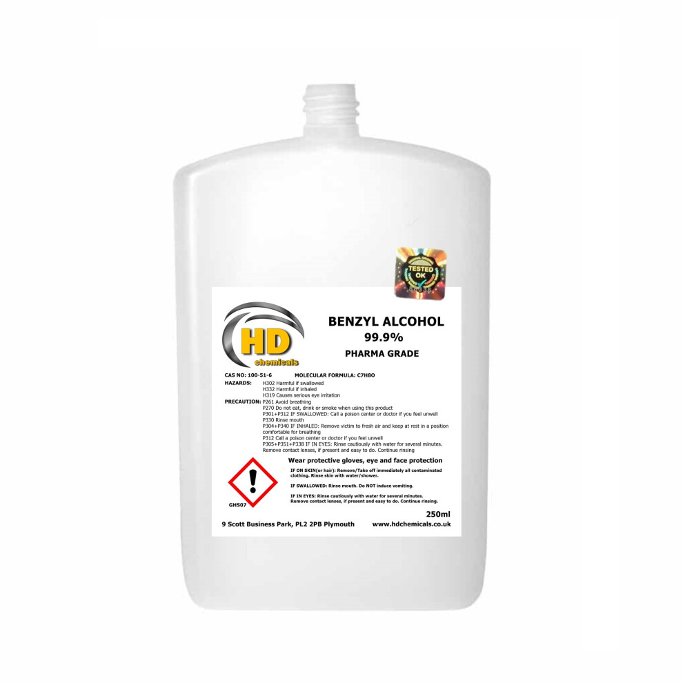 Hd Chemicals Ltd (250Ml) Benzyl Alcohol 99.9% Preservative Solvent Quality