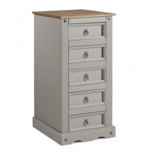 Corona Grey Wax 5-Drawer Narrow Pine Chest – Solid Pine, Hand-Waxed Grey Finish, Antique Metal Handles