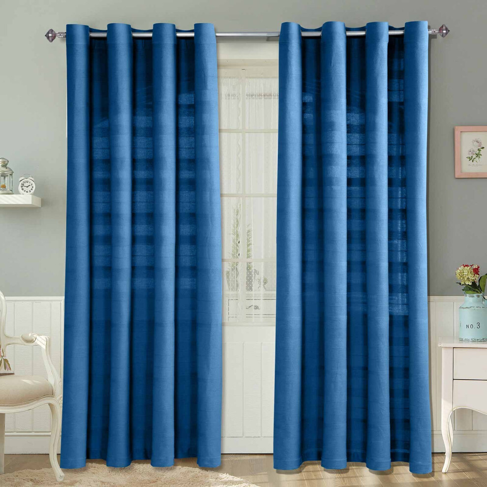 Homescapes (W 137Cm X Drop 137Cm, ) Cotton Rajput Ribbed Curtain Pair Blue
