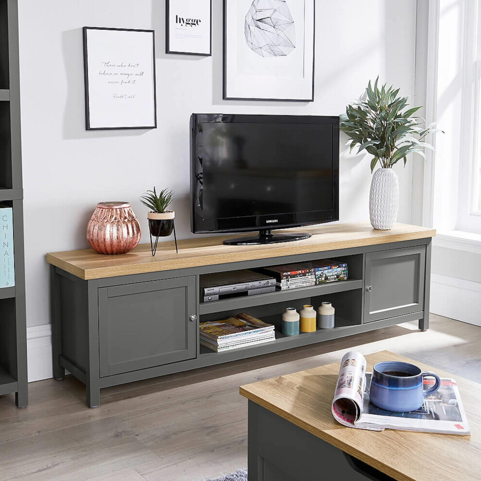 Extra Large 180cm Dark Grey Oak TV Stand 2 Door Television Cabinet Cable Tidy