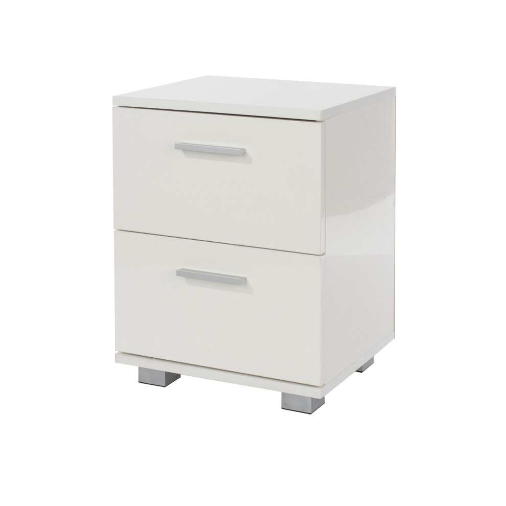 Bedside Cabinet Table High Gloss Finish White Nightstand 2 Drawers Metal Feet