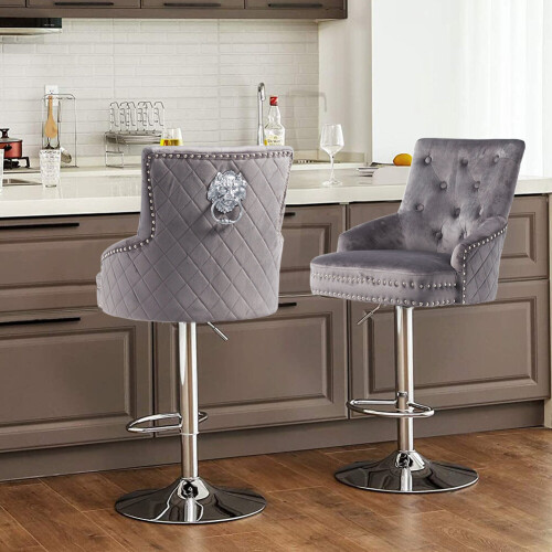 Tabouret de bar pivotant réglable en velours gris avec dossier pour la maison 2