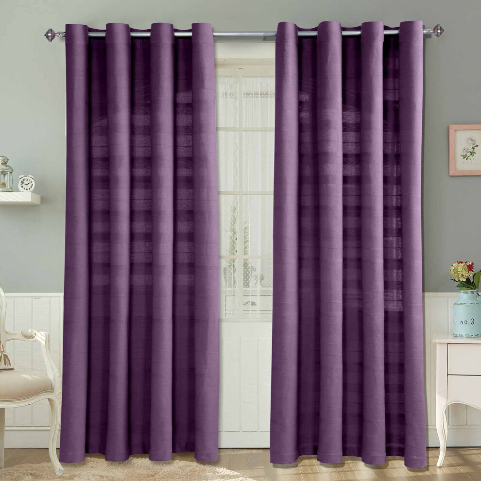 (W 117cm x Drop 228cm, Purple) Cotton Rajput Ribbed Curtain Pair