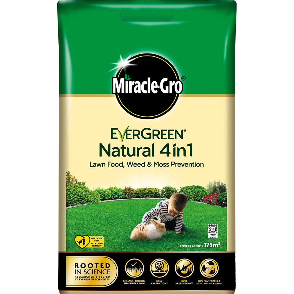 Miracle-Gro Natural 4 in1-LAWN Feed, Weed & Moss PREVENTOR Lawn Fertiliser, Yellow, 175 m²