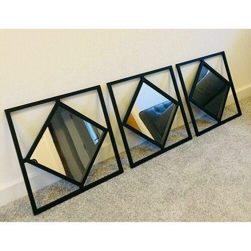 Set Of 3 Square Diamond Shape Frame Black Wall Mirror Modern 40X40Cm 1