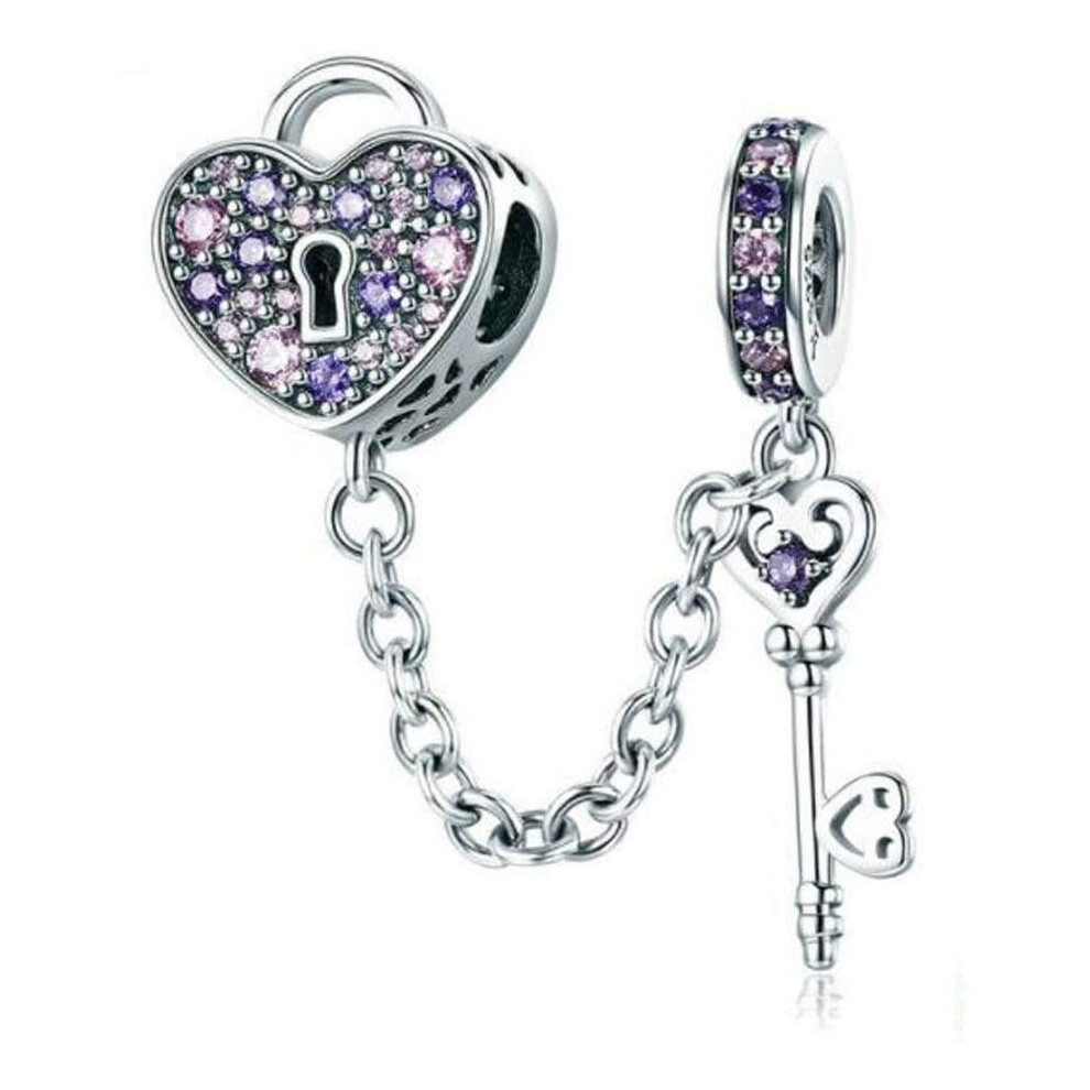 I Love You Forever,Heart Key Charm fit Pandora Bracelet 925 Sterling Silver Safety Chain Charm for Bracelet (Lock and Key Charm)
