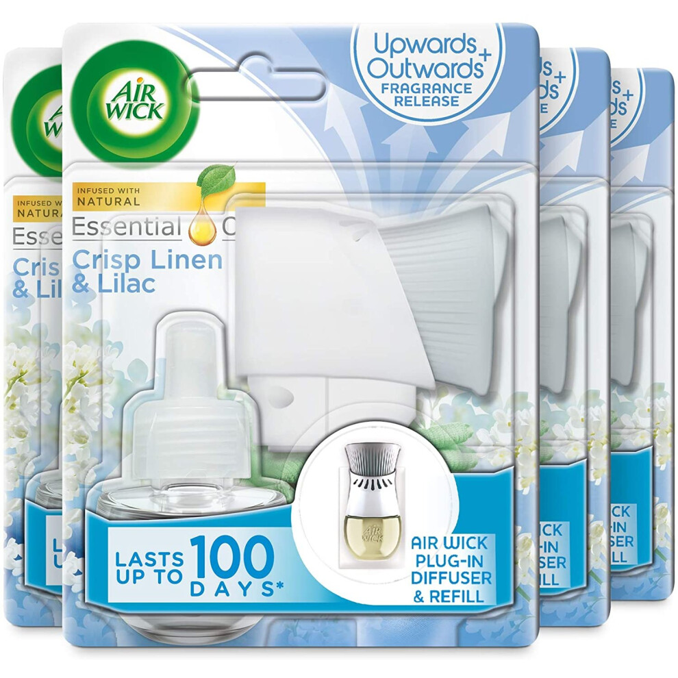 AirWick Essential Oils Air Freshener, Electrical Plug in Kit Gadget and Refill, Crisp Linen & Lilac, Multipack of 4 x 100 days, Lasts Total Up to 400-image-OPC-P8WHZYW-NEW