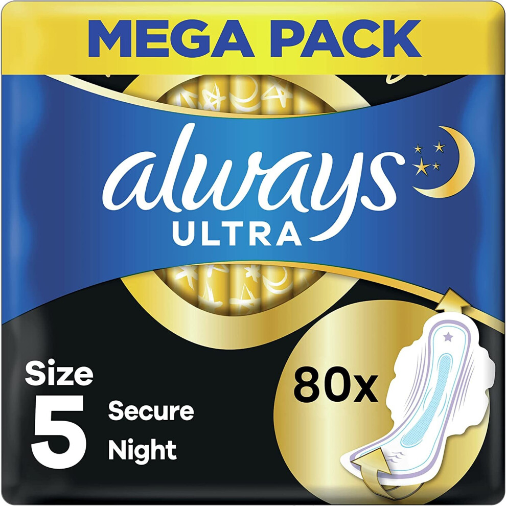 Always Ultra Sanitary Towels Secure Night Extra (Size 5) Wings 80 Pads Super Absorbent, Ultra Thin, Neutralises Odours, All around Coverage