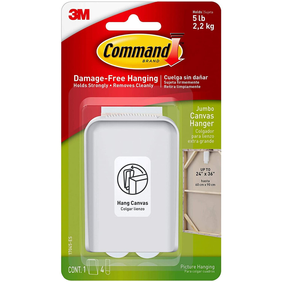 Command Jumbo Canvas Hanger Hook, Pack of 1 Hook and 4 Adhesive Strips, White - Damage Free Hanging - For Canvas Framed Pictures, Prints and Art -