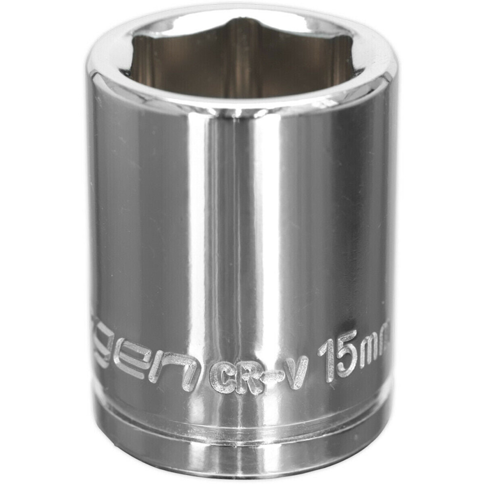 Loops 15Mm Chrome Plated Drive Socket - 3/8" Square Drive - High Grade Carbon Steel