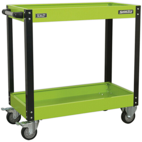 Loops Heavy Duty 2 Level Workshop Trolley - 80kg Per Shelf - Locking Castors - Green