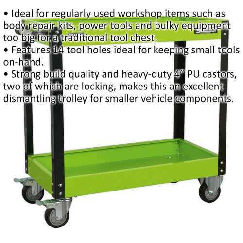 Loops Heavy Duty 2 Level Workshop Trolley - 80kg Per Shelf - Locking Castors - Green 1