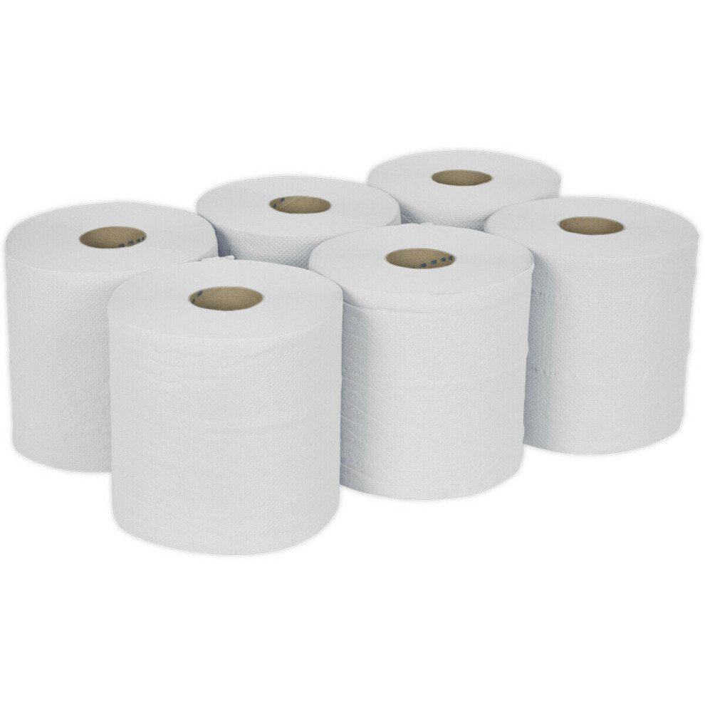 6 PACK 150m White 2-Ply Embossed Paper Roll - 190mm Wide - Perforated Paper Wipe