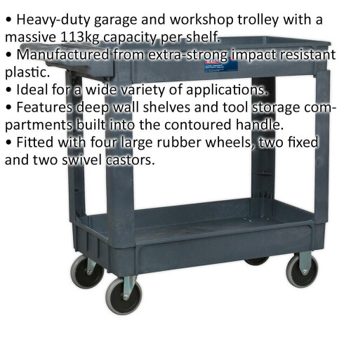 Loops Heavy Duty 2 Level Composite Workshop Trolley - 113kg Per Shelf - Deep Wall 1