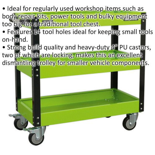 Loops Heavy Duty 3 Level Workshop Trolley - 160kg Capacity - Locking Castors - Green 1