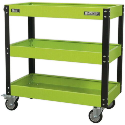Loops Heavy Duty 3 Level Workshop Trolley - 160kg Capacity - Locking Castors - Green 2