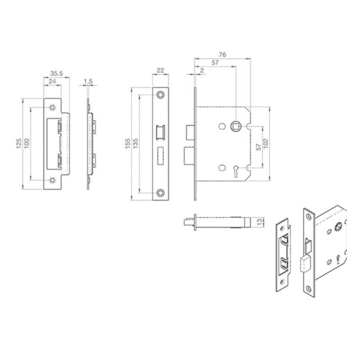 Loops Locking 3 Lever Door Sashlock Latch Square Forend 76mm Satin Nickel 2