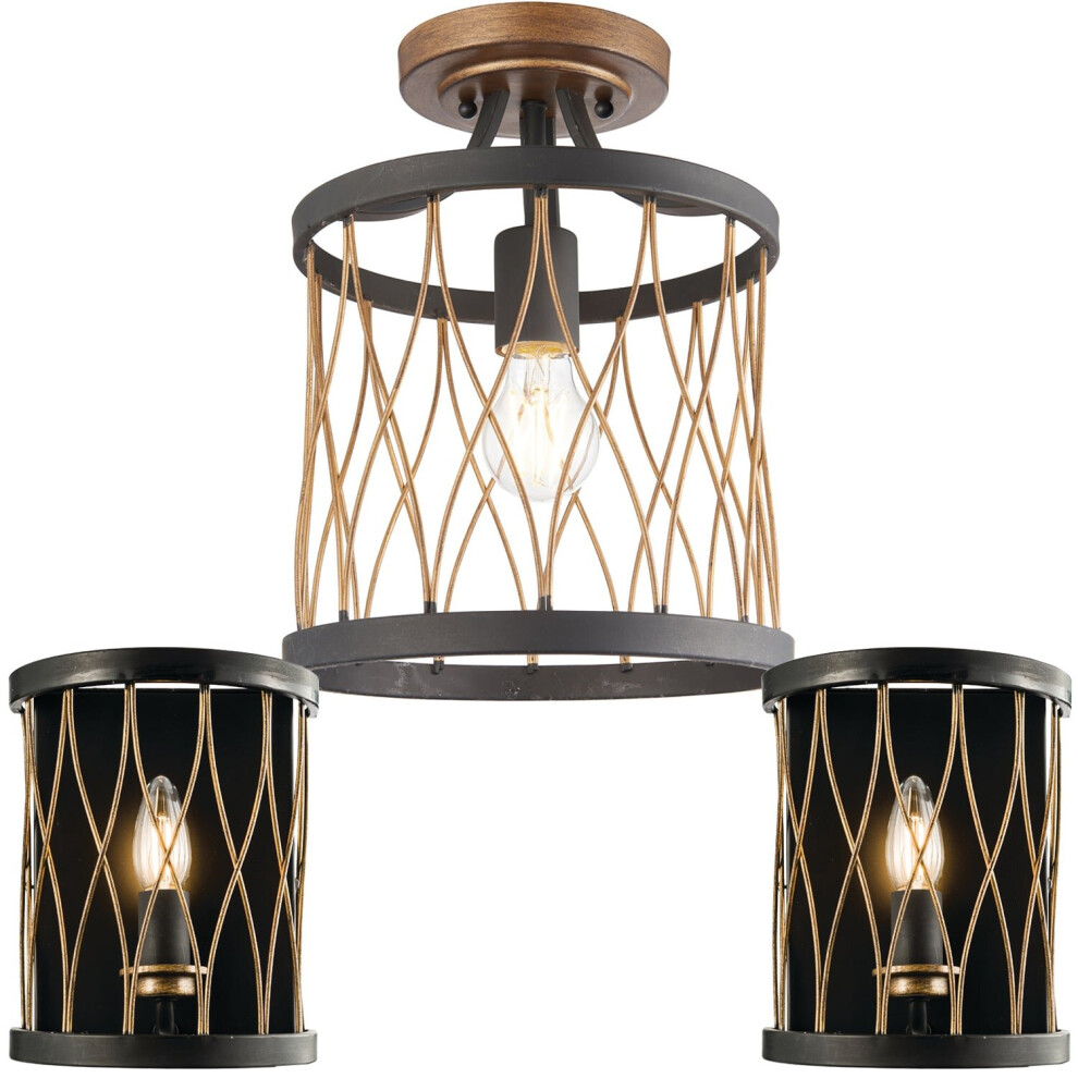 Ceiling Lamp & 2x Matching Wall Light Bronze Matt Black Metal Vintage Bulb Cage