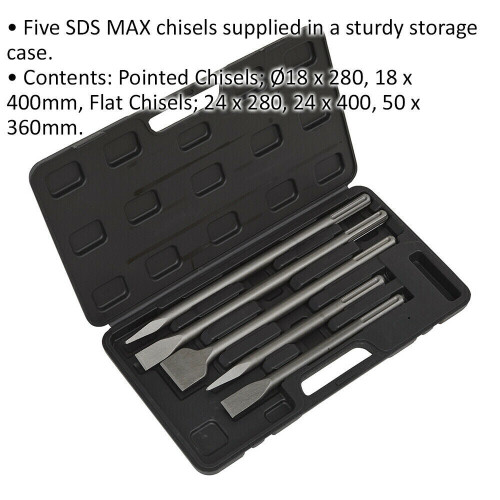 Loops 5 Piece SDS MAX Demolition Kit - Flat & Pointed Chisels - Sturdy Storage Case 1