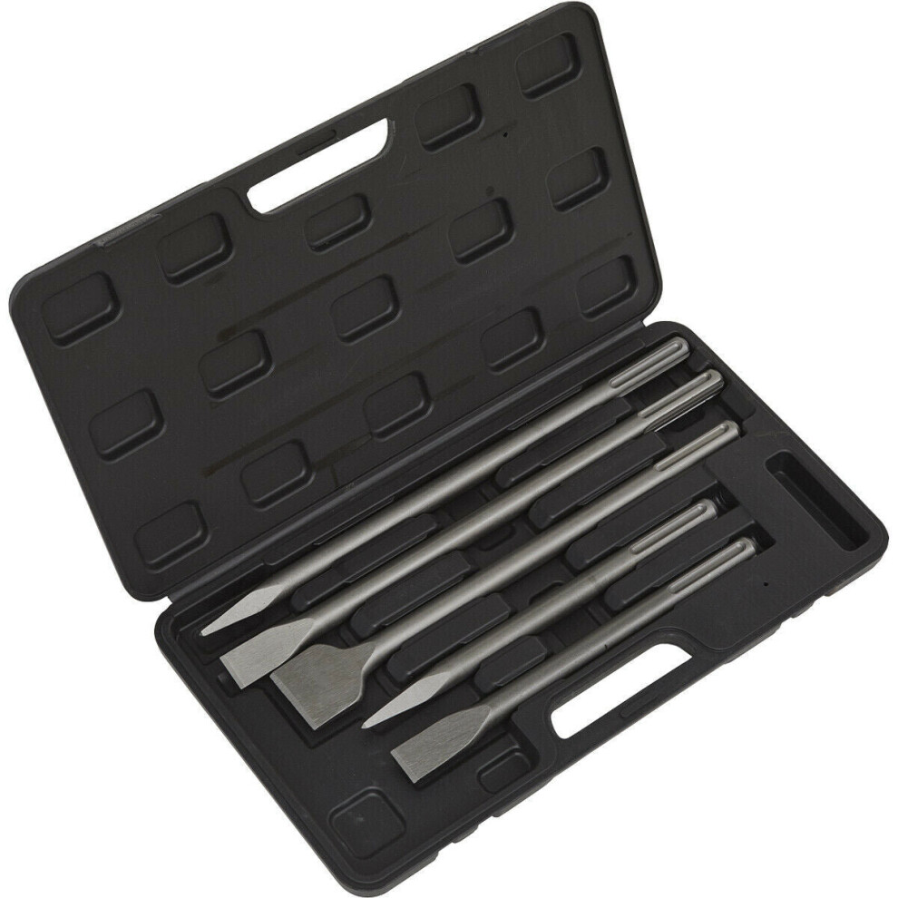 5 Piece SDS MAX Demolition Kit - Flat & Pointed Chisels - Sturdy Storage Case