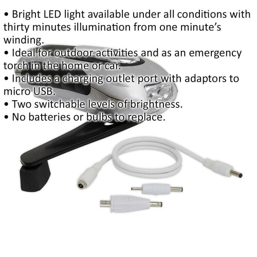 Loops Three LED Rechargeable Wind-Up Torch - Two Brightness Levels - Micro USB 1