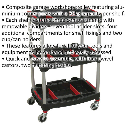 Loops 3 Level Wheeled Composite Workshop Trolley with Parts Storage - 30kg Per Shelf 1