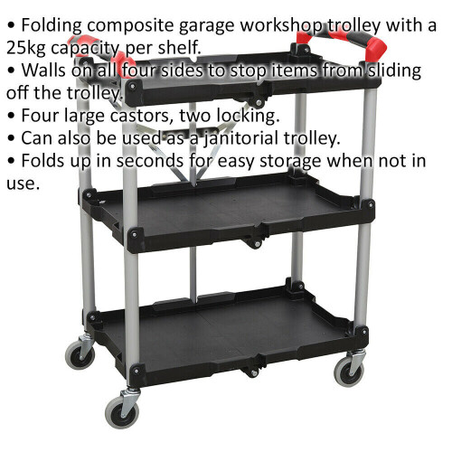 Loops 3 Level Folding Workshop Trolley - 670 x 430 x 855mm - 25kg Per Shelf - Foldable 1