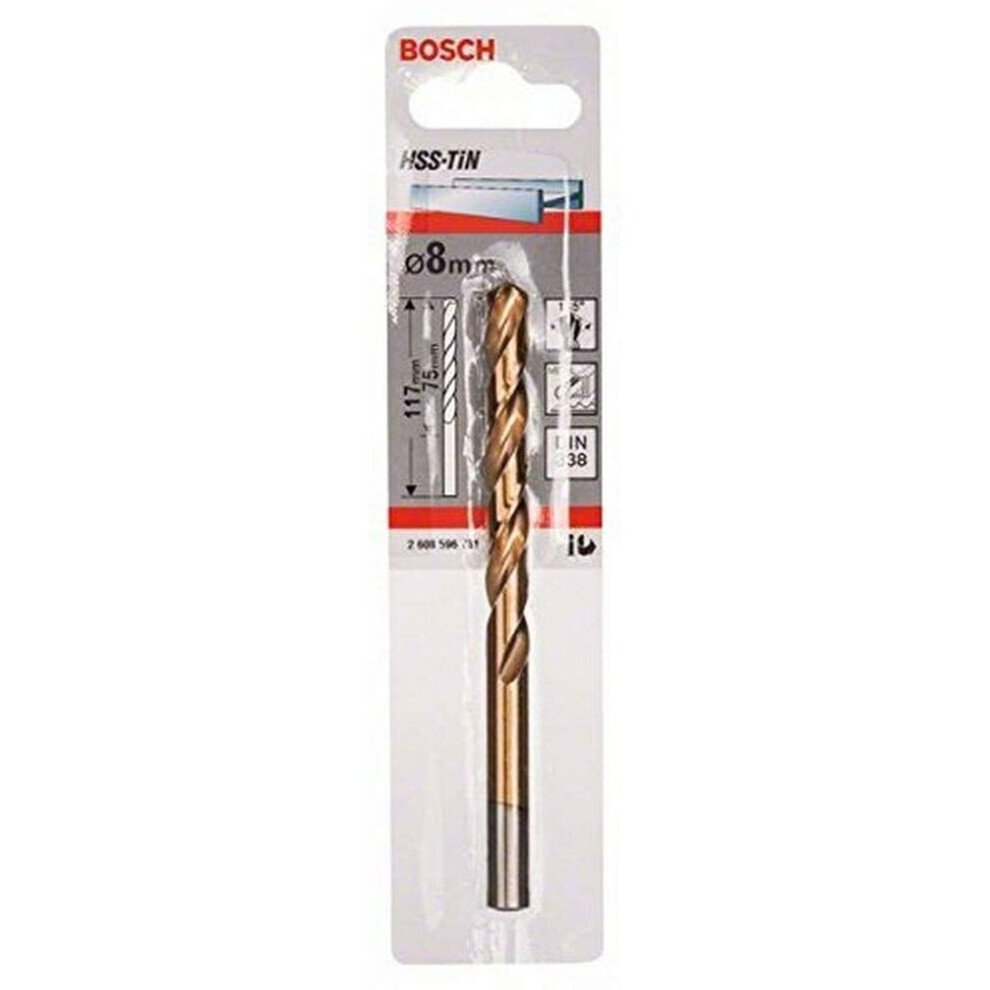 Bosch 2608596731 Din338 Metal Hss-Tin Drill Bit, 8.0Mm X 75Mm X 117Mm, Silver