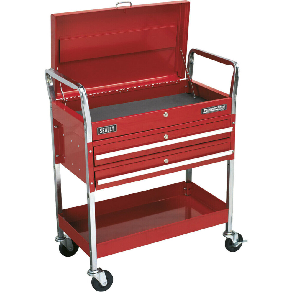 Heavy Duty 2 Level Workshop Trolley - Lockable Top & 2 Drawers - Four Castors