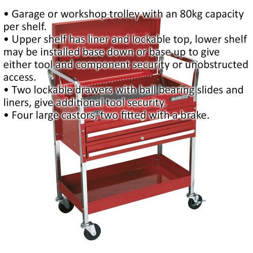 Loops Heavy Duty 2 Level Workshop Trolley - Lockable Top & 2 Drawers - Four Castors 1