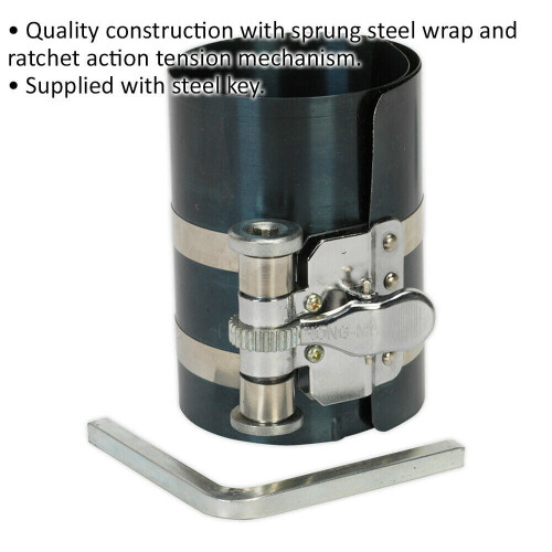 Loops 100mm Piston Ring Compressor - 60 to 150mm Capacity - Ratchet Action - Steel Key 1