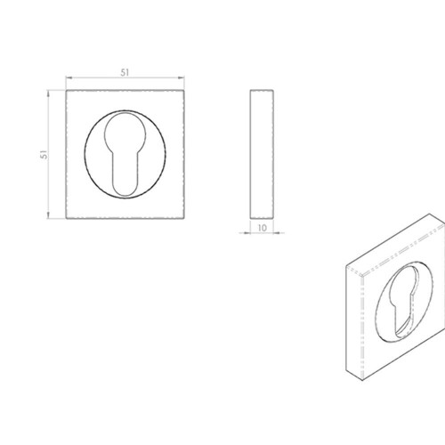 Loops Square Euro Profile Escutcheon 52 x 52mm Concealed Fix Satin Chrome 2