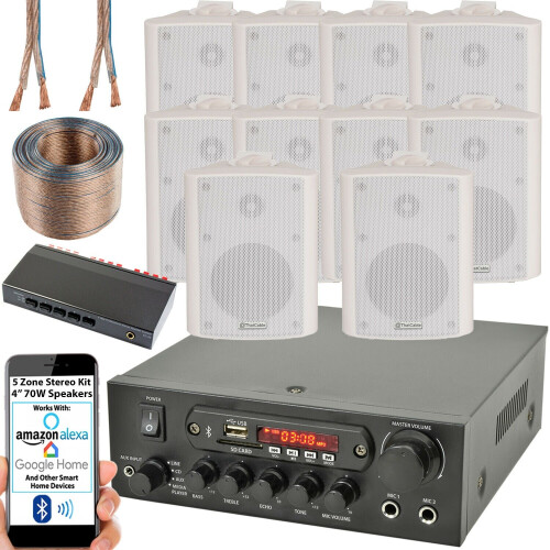 Loops 5 Zone Bluetooth Speaker Kit 10x 70W White Wall Mount Home Bar Stereo Amplifier 1