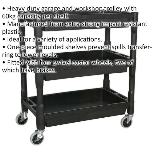 Loops 3 Level Composite Workshop Trolley - 60kg Per Shelf - Impact Resistant Plastic 1
