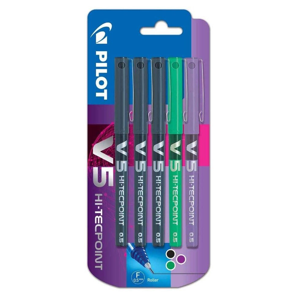 Pilot V5 0.5 Mm Liquid Ink Rollerball Pen - Assorted (Pack Of 5)