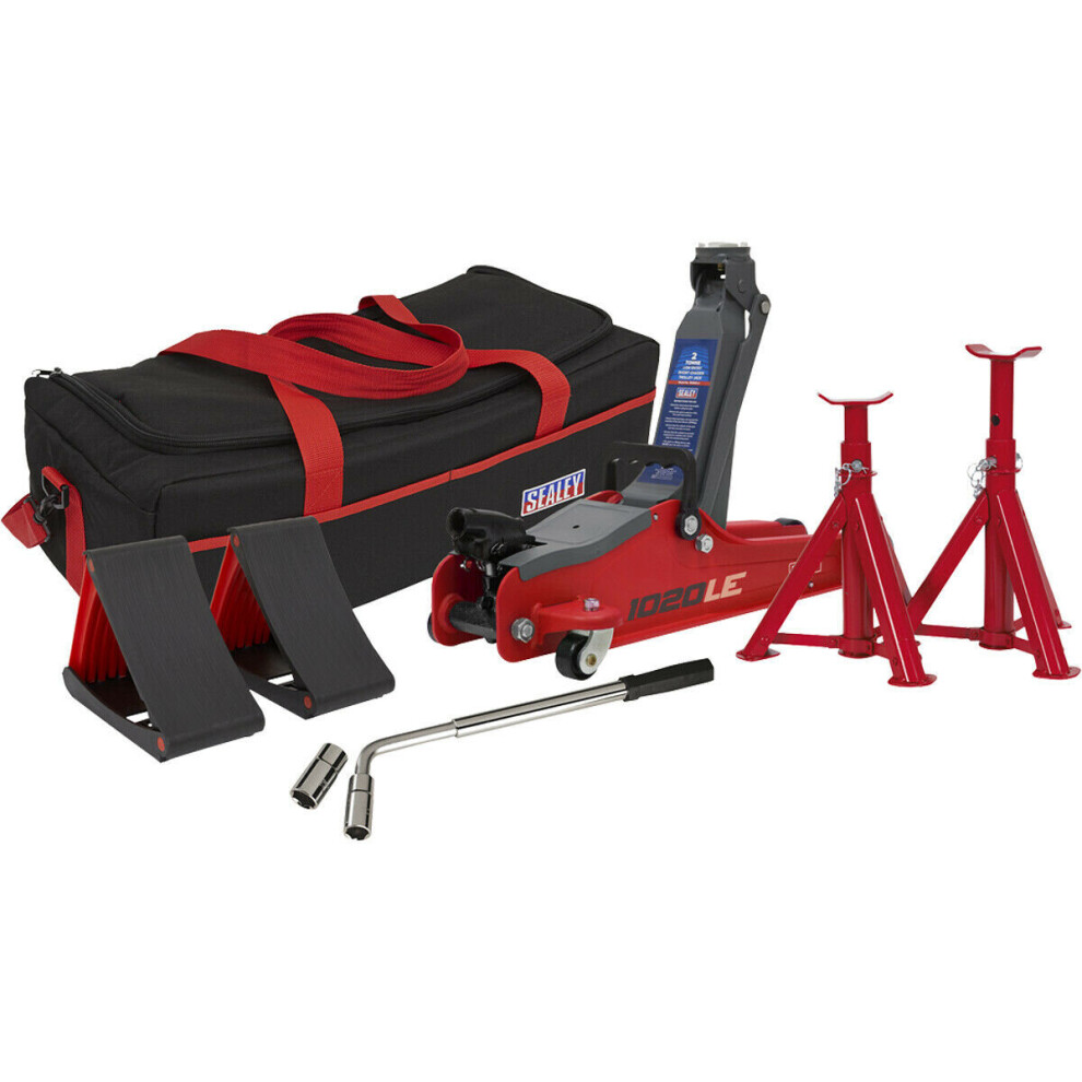 Short Chassis Trolley Jack Kit - Axle Stands & Wheel Chocks - Wrench Set - Red