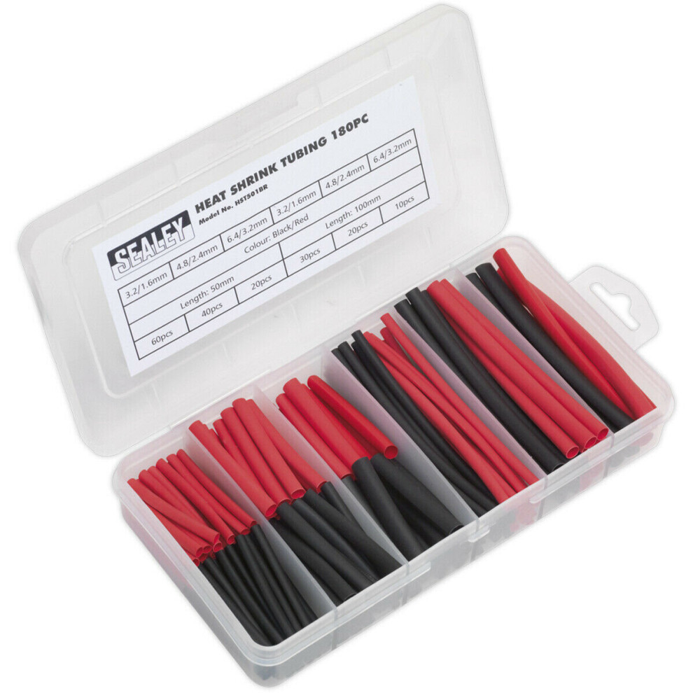 180 Piece Heat Shrink Tubing Assortment - 50 & 100mm Lengths - Black & Red