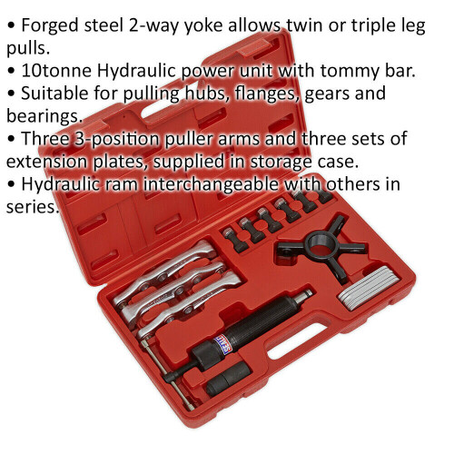 Loops 19 Piece Hydraulic Puller Set - 2 Way Yoke - 10 Tonne Capacity Hydraulic Ram 1