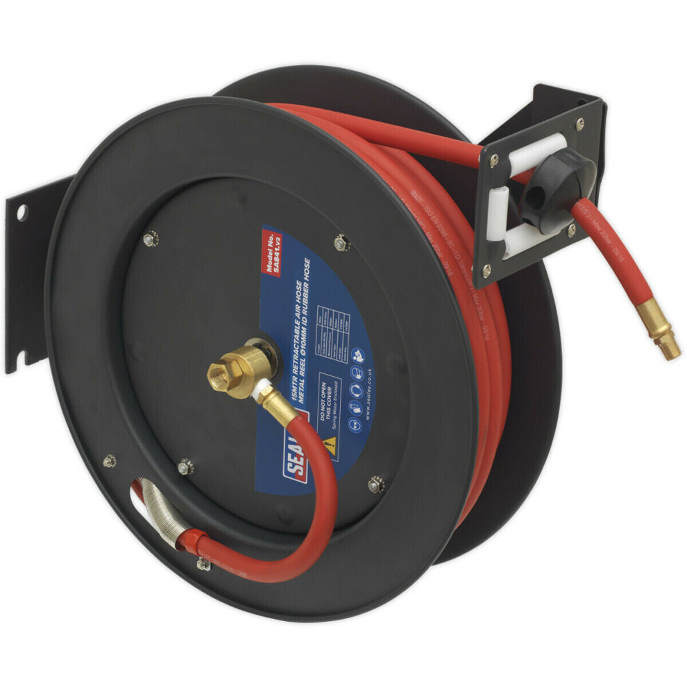 15m Retractable Air Hose - Steel Reel - 3/8" BSP Inlet - 10mm Rubber Hose