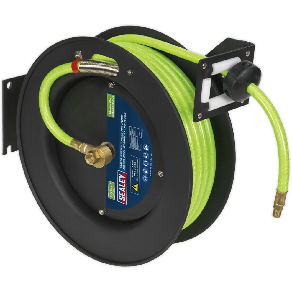 15m Retractable Air Hose - Steel Reel - 3/8" BSP Inlet - 10mm Hi-Vis TPR Hose