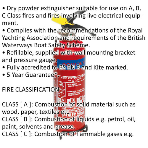 Loops 1kg Refillable Dry Powder Fire Extinguisher - Mounting Bracket - Pressure Gauge 1