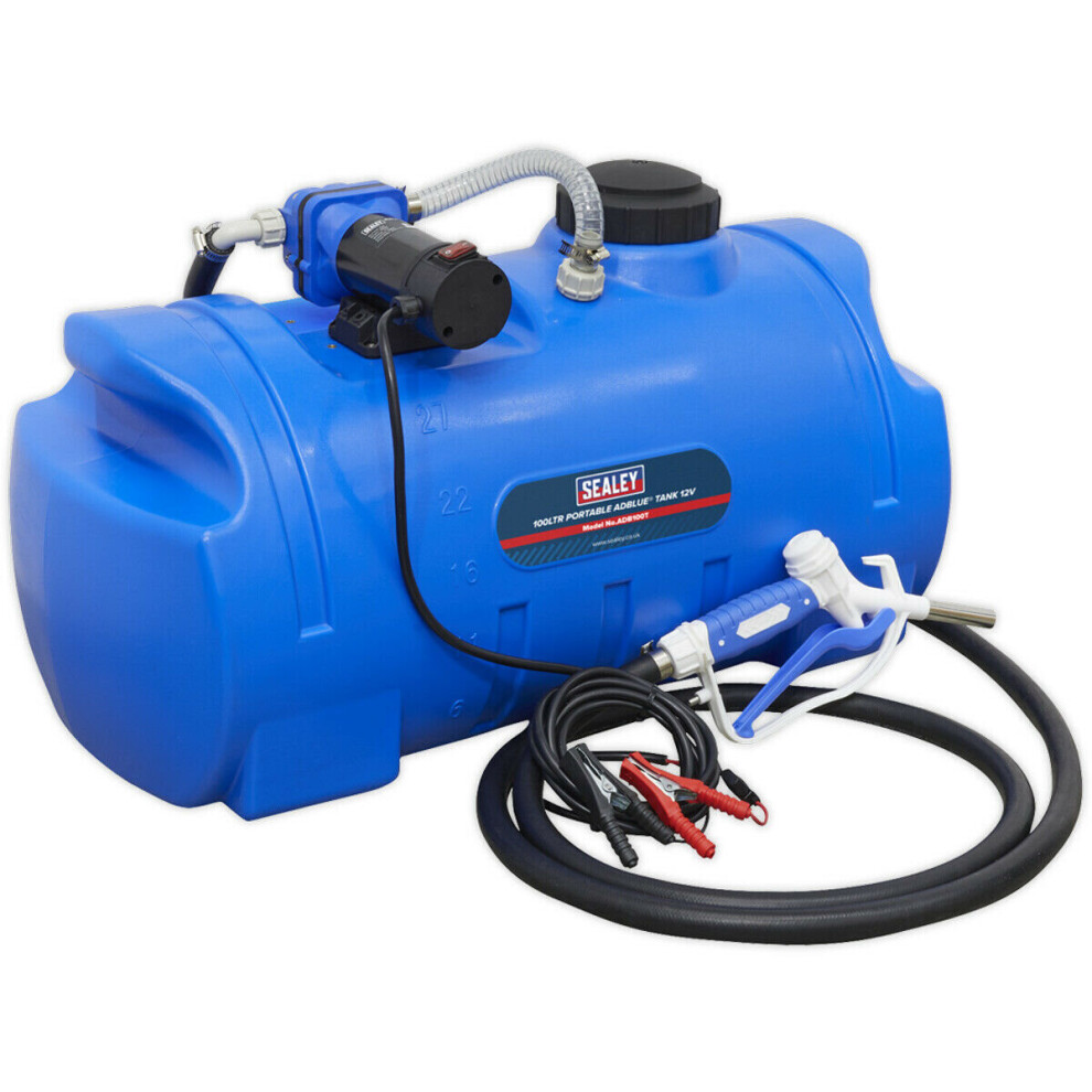 100L Portable AdBlue Tank - 12V Electric Pump - Automatic Fuel Nozzle - HDPE