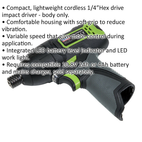 Loops 10.8V Cordless Impact Driver - 1/4" Hex Drive - BODY ONLY - Variable Speed 1