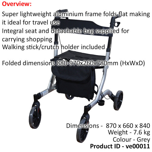 Loops Grey Deluxe Ultra Lightweight Aluminium 4 Wheeled Rollator Foldable Walking Aid 1