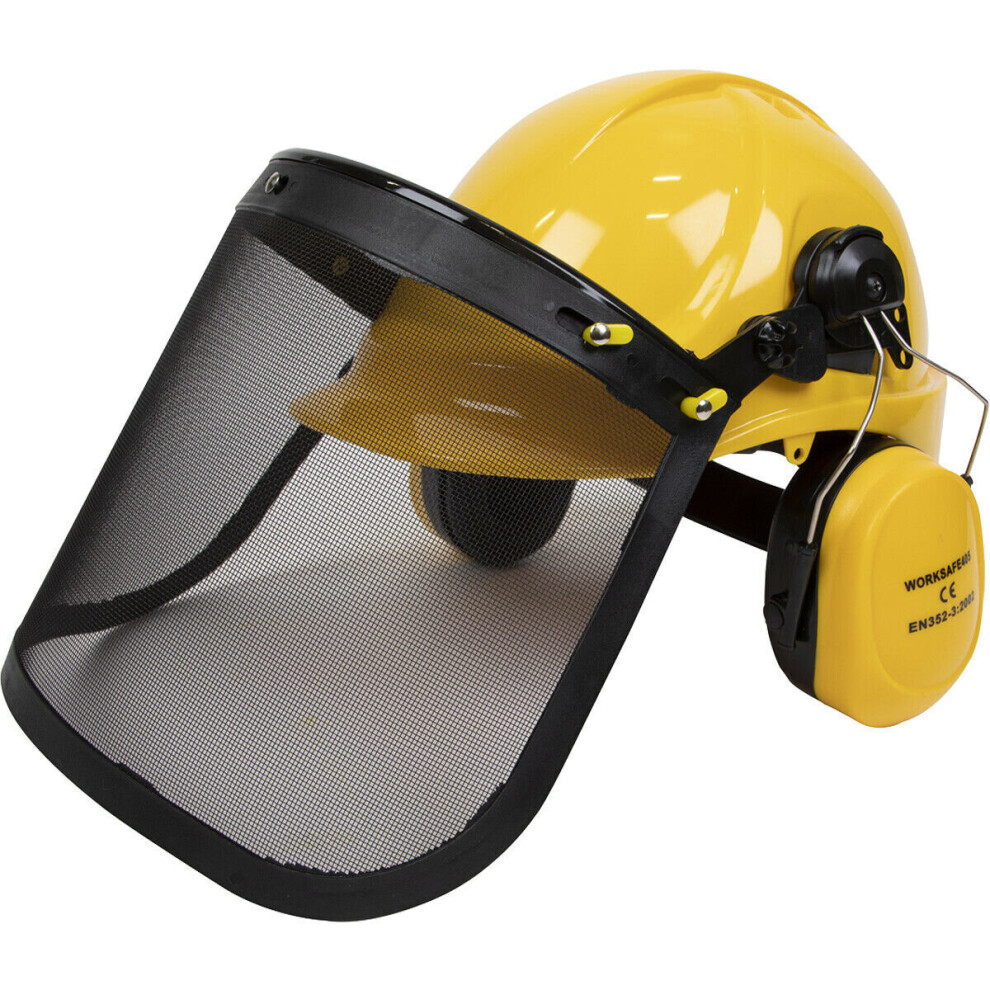 Forestry Helmet with Face & Ear Protection - Mesh Visor & Clip on Ear Defenders